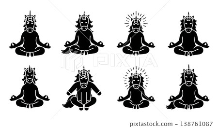 Black Solid Meditative Unicorn Silhouettes Set of Six on White Background 138761087