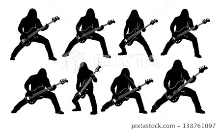 Black Solid Metal Bassist Silhouettes Set of Six on White Background Black Solid Metal Bassist Silhouettes Set of Six on White Background 138761097