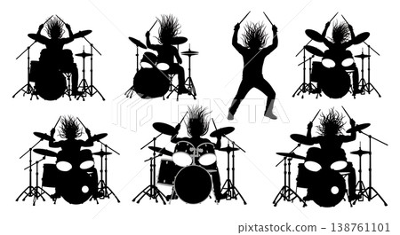 Black Solid Metal Drummer Silhouettes Set of Six on White Background 138761101