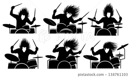 Black Solid Metal Drummer Silhouettes Set of Six on White Background 138761103