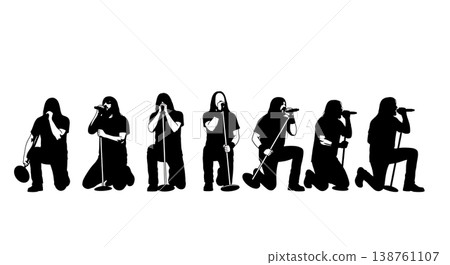 Black Solid Metal Singer Poses Set of Six on White Background 138761107