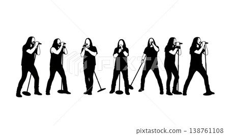 Black Solid Heavy Metal Singer Silhouettes Set of Six on White Background 138761108