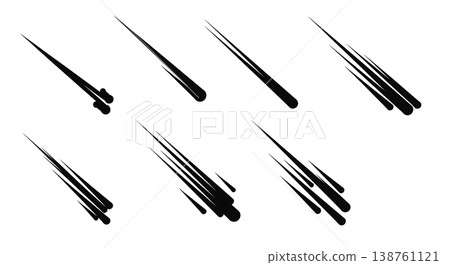 Black Solid Meteor Shower Streak Silhouettes Set of Six on White Background 138761121