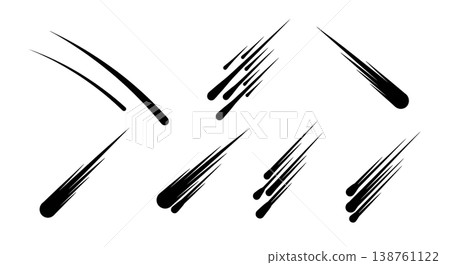 Black Solid Meteor Shower Streak Silhouettes Set of Six on White Background 138761122