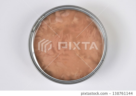Canned tuna in brine top view isolated on white 138761144