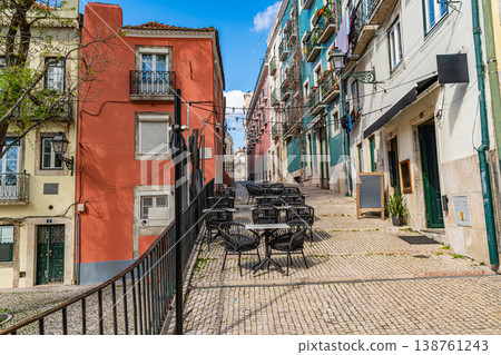 Lisbon Street Cafe with Outdoor Seating in Old Town Portugal 138761243