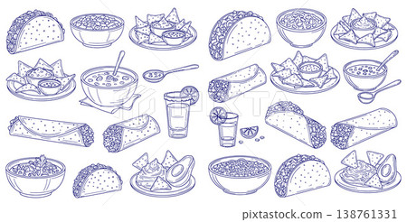 Variety of hand drawn Mexican food dishes featuring tacos, burritos, nachos, guacamole, and savory chili bowls 138761331
