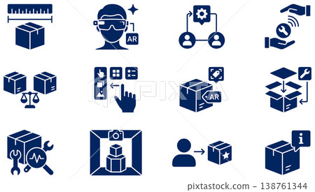 Vector set of augmented reality and logistics icons depicting package measurement, product customization, and delivery service solutions 138761344