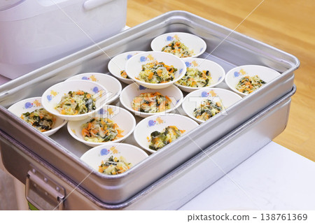 Side dishes for school lunch laid out; school lunch; facility meal; vegetable side dish; health food; image material Side dishes for school lunch laid out; school lunch; facility meal; vegetable side dish; health food; image material 138761369