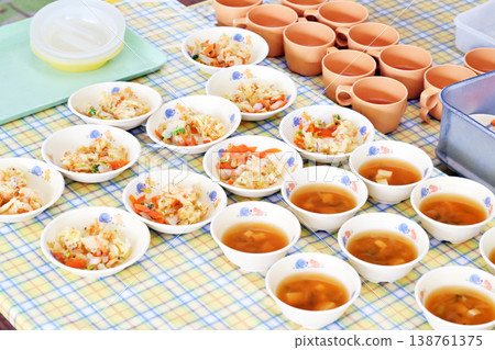 Served school lunch, school meal, facility meal, side dishes for school lunch, vegetables and miso soup, image material 138761375