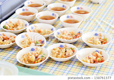 Served school lunch, school meal, facility meal, side dishes for school lunch, vegetables and miso soup, image material Served school lunch, school meal, facility meal, side dishes for school lunch, vegetables and miso soup, image material 138761377