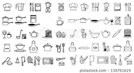 Comprehensive line art collection of kitchen essentials including pots, pans, chef hats, and various cooking implements and baking tools 138761629