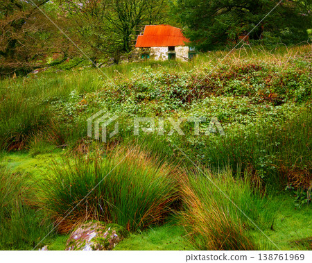 Abandoned rustic stone cottage featuring a striking red roof on a hillside surrounded by trees during autumn. Abandoned rustic stone cottage featuring a striking red roof on a hillside surrounded by trees during autumn. 138761969