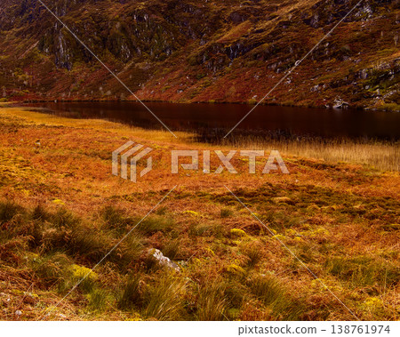 Expansive autumn moorland with vibrant orange and green hues meets a serene dark loch. The loch perfectly mirrors a rugged, steep mountain under soft daylight, highlighting natural wilderness. 138761974