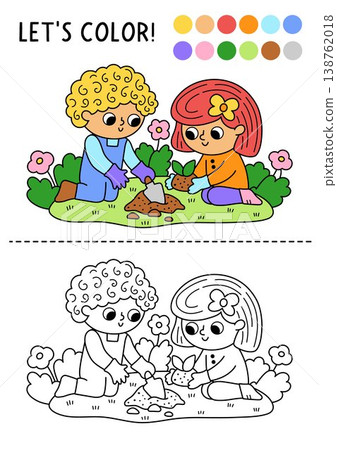 Garden coloring page for children with cute girl and boy planting seedlings. Vector spring outline illustration. Color book for kids with colored example. Drawing skills printable worksheet Garden coloring page for children with cute girl and boy planting seedlings. Vector spring outline illustration. Color book for kids with colored example. Drawing skills printable worksheet 138762018