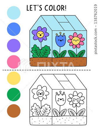 Garden coloring page for children with cute flowers growing in greenhouse. Vector spring outline illustration. Color book for kids with colored example. Drawing skills printable worksheet Garden coloring page for children with cute flowers growing in greenhouse. Vector spring outline illustration. Color book for kids with colored example. Drawing skills printable worksheet 138762019