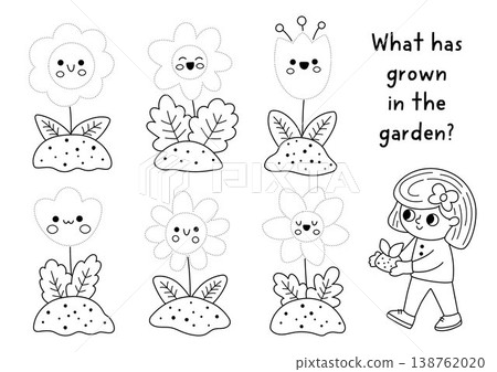 Trace the flowers. Vector garden themed drawing practice worksheet. Printable black and white activity for kids. Spring coloring page with girl gardener and smiling plants. What has grown in garden Trace the flowers. Vector garden themed drawing practice worksheet. Printable black and white activity for kids. Spring coloring page with girl gardener and smiling plants. What has grown in garden 138762020