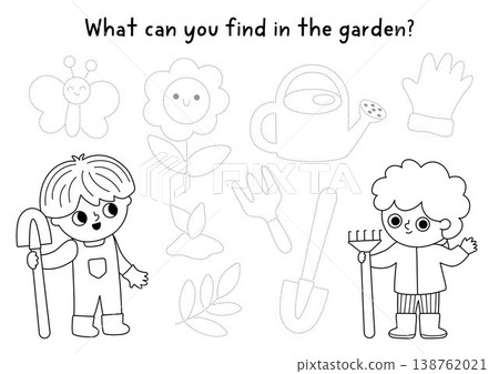 Trace gardening tools and plants. Vector garden themed drawing practice worksheet. Printable black and white activity for kids. Spring coloring page with boy gardeners, watering can, flower Trace gardening tools and plants. Vector garden themed drawing practice worksheet. Printable black and white activity for kids. Spring coloring page with boy gardeners, watering can, flower 138762021