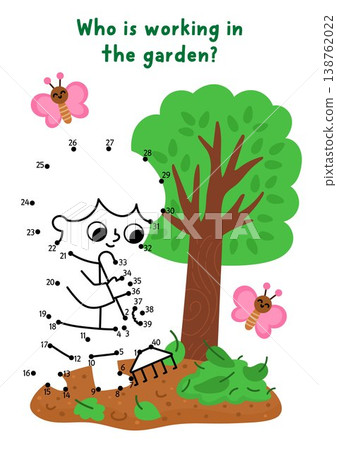 Vector garden dot-to-dot and color activity with cute boy raking leaves. Black and white spring connect the dots game with kid gardener doing gardening work, tree, colored background Vector garden dot-to-dot and color activity with cute boy raking leaves. Black and white spring connect the dots game with kid gardener doing gardening work, tree, colored background 138762022