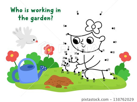 Vector garden dot-to-dot and color activity with cute girl planting baby plant with colored background. Spring connect the dots game with kid gardener doing gardening work. Line printable worksheet Vector garden dot-to-dot and color activity with cute girl planting baby plant with colored background. Spring connect the dots game with kid gardener doing gardening work. Line printable worksheet 138762029