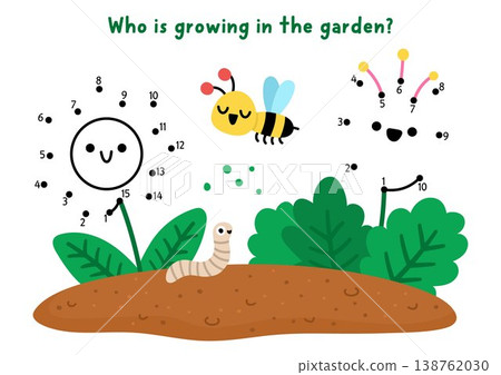 Vector garden dot-to-dot and color activity with cute blooming flowers on bed with bee. Black and white spring connect the dots game with smiling kawaii plants on colored background Vector garden dot-to-dot and color activity with cute blooming flowers on bed with bee. Black and white spring connect the dots game with smiling kawaii plants on colored background 138762030