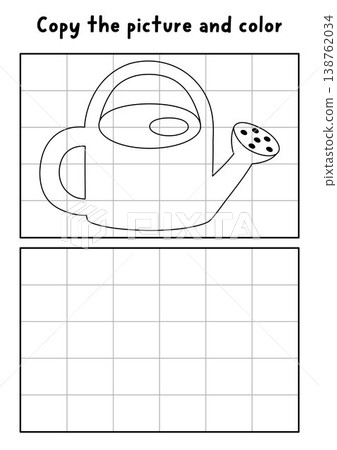 Copy the picture and color. Draw watering can. Vector line square garden tool or equipment drawing and coloring practice page, worksheet. Black and white printable spring activity for kids Copy the picture and color. Draw watering can. Vector line square garden tool or equipment drawing and coloring practice page, worksheet. Black and white printable spring activity for kids 138762034