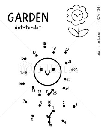 Vector garden dot-to-dot and color activity with cute blooming flower. Black and white spring or summer connect the dots game with smiling kawaii plant. Line printable worksheet Vector garden dot-to-dot and color activity with cute blooming flower. Black and white spring or summer connect the dots game with smiling kawaii plant. Line printable worksheet 138762043
