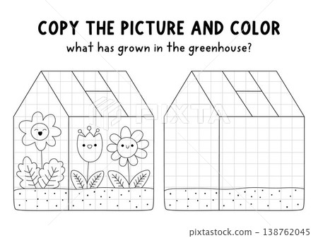 Copy the picture and color. Draw flowers in greenhouse. Vector line square garden drawing and coloring practice page, worksheet with green house, plants. Black and white printable spring activity for Copy the picture and color. Draw flowers in greenhouse. Vector line square garden drawing and coloring practice page, worksheet with green house, plants. Black and white printable spring activity for 138762045