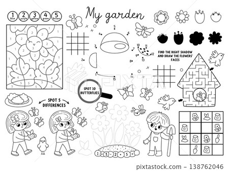 Vector spring garden placemat for kids. Printable activity mat with maze, tic tac toe charts, connect dots, find difference. Black and white coloring page with watering can, flower, kids gardeners Vector spring garden placemat for kids. Printable activity mat with maze, tic tac toe charts, connect dots, find difference. Black and white coloring page with watering can, flower, kids gardeners 138762046