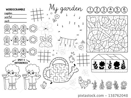 Vector spring garden placemat for kids. Printable activity mat with maze, tic tac toe charts, connect dots, find difference. Black and white coloring page with tools, flower bed, kid gardener, rake Vector spring garden placemat for kids. Printable activity mat with maze, tic tac toe charts, connect dots, find difference. Black and white coloring page with tools, flower bed, kid gardener, rake 138762048