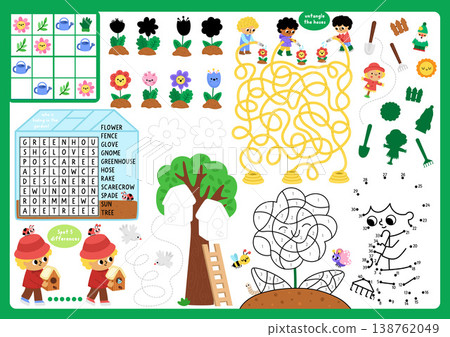 Vector spring garden placemat. Country house printable activity mat with maze, puzzle, shadow match, find difference. Cute play mat, menu, kids magazine spreadsheet with gardener, greenhouse, plant Vector spring garden placemat. Country house printable activity mat with maze, puzzle, shadow match, find difference. Cute play mat, menu, kids magazine spreadsheet with gardener, greenhouse, plant 138762049