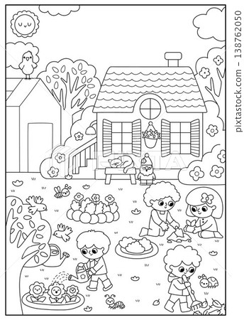 Vector black and white spring garden landscape. Rural nature line scene with country house, greenhouse, birds, trees, working kids gardeners. Horizontal background, book cover 138762050