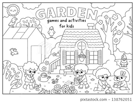 Vector black and white spring garden landscape. Rural nature line scene with country house, greenhouse, birds, trees, working kids gardeners. Horizontal background, book cover 138762051
