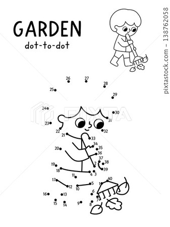 Vector garden dot-to-dot and color activity with cute boy raking leaves. Black and white spring connect the dots game for children with kid gardener doing gardening work. Line printable worksheet Vector garden dot-to-dot and color activity with cute boy raking leaves. Black and white spring connect the dots game for children with kid gardener doing gardening work. Line printable worksheet 138762058