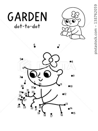 Vector garden dot-to-dot and color activity with cute girl planting baby plant. Black and white spring connect the dots game with kid gardener doing gardening work. Line printable worksheet Vector garden dot-to-dot and color activity with cute girl planting baby plant. Black and white spring connect the dots game with kid gardener doing gardening work. Line printable worksheet 138762059
