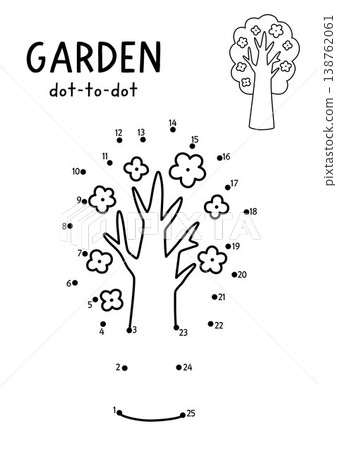 Vector garden dot-to-dot and color activity with cute blooming tree. Black and white spring or summer connect the dots game with plant with flowers. Line printable worksheet Vector garden dot-to-dot and color activity with cute blooming tree. Black and white spring or summer connect the dots game with plant with flowers. Line printable worksheet 138762061