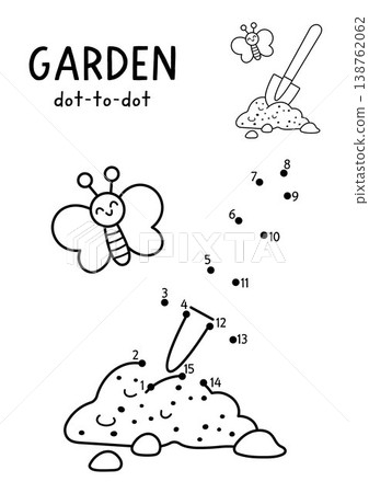 Vector garden dot-to-dot and color activity with cute spade stuck in earth. Black and white spring connect the dots game with shovel. Line printable worksheet with gardening equipment, tool Vector garden dot-to-dot and color activity with cute spade stuck in earth. Black and white spring connect the dots game with shovel. Line printable worksheet with gardening equipment, tool 138762062