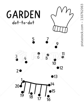 Vector garden dot-to-dot and color activity with cute gardener glove. Black and white spring connect the dots game. Line printable worksheet with gardening equipment, tool, protective clothes Vector garden dot-to-dot and color activity with cute gardener glove. Black and white spring connect the dots game. Line printable worksheet with gardening equipment, tool, protective clothes 138762063