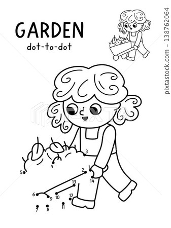 Vector garden dot-to-dot and color activity with girl pushing wheelbarrow with leaves. Black and white spring connect the dots game with kid gardener doing gardening work. Line printable worksheet Vector garden dot-to-dot and color activity with girl pushing wheelbarrow with leaves. Black and white spring connect the dots game with kid gardener doing gardening work. Line printable worksheet 138762064