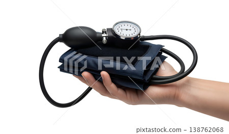 Hand holding a manual aneroid blood pressure monitor (sphygmomanometer) with a gauge and inflation bulb, representing hypertension screening and vital signs Hand holding a manual aneroid blood pressure monitor (sphygmomanometer) with a gauge and inflation bulb, representing hypertension screening and vital signs 138762068