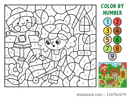 Vector garden color by number activity with girl pushing wheelbarrow with leaves. Spring black and white counting game. Coloring page for kids. Line printable worksheet with kid gardener Vector garden color by number activity with girl pushing wheelbarrow with leaves. Spring black and white counting game. Coloring page for kids. Line printable worksheet with kid gardener 138762074