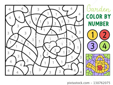 Vector garden color by number activity with watering can. Spring black and white counting, colouring game. Cute coloring page for kids with water pot. Line printable worksheet with gardener tool Vector garden color by number activity with watering can. Spring black and white counting, colouring game. Cute coloring page for kids with water pot. Line printable worksheet with gardener tool 138762075