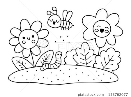 Vector black and white smiling flowers on bed with worm and bee icon. Line blooming plants growing on the ground illustration. Floral kawaii clipart. Cute summer, garden bloom coloring page Vector black and white smiling flowers on bed with worm and bee icon. Line blooming plants growing on the ground illustration. Floral kawaii clipart. Cute summer, garden bloom coloring page 138762077