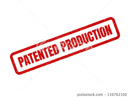 Red grunge rubber stamp impression with text PATENED PRODUCTION indicating intellectual property status for manufacturing processes Red grunge rubber stamp impression with text PATENED PRODUCTION indicating intellectual property status for manufacturing processes 138762100