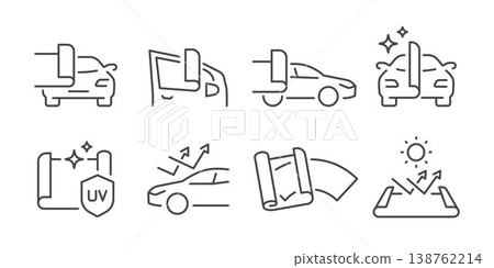 Car film wraps icon set. It includes protect, business, car wrapping, vehicle wrap and more line icons. 138762214
