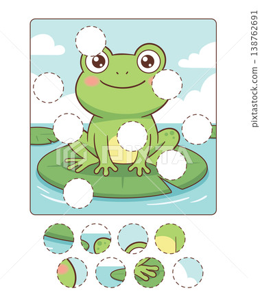Cute frog puzzle for children with missing circle pieces. Find the Match. Spot it Cute frog puzzle for children with missing circle pieces. Find the Match. Spot it 138762691