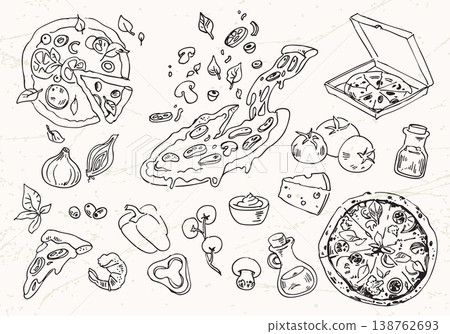 Hand-drawn pizza illustration set in clean line art style, ideal for menus, packaging, and food design Hand-drawn pizza illustration set in clean line art style, ideal for menus, packaging, and food design 138762693