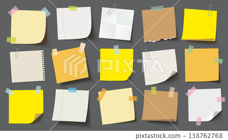 Collection of realistic sticky notes and paper sheets with tape, clips, and curled corners Collection of realistic sticky notes and paper sheets with tape, clips, and curled corners 138762768
