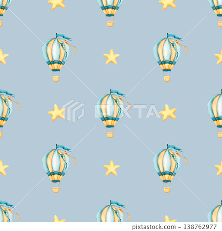 Seamless pattern with hot air balloons and stars. Childish wallpaper stars and Hot air Balloon. Watercolor illustration of floating balloons for kids goods, kids wallpaper, wrapping paper 138762977