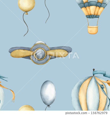 Seamless pattern with hot air balloons, Toy airplane and balloons. Childish wallpaper air balloons and airplane. Watercolor illustration of floating balloons and plane for kids goods, wallpaper Seamless pattern with hot air balloons, Toy airplane and balloons. Childish wallpaper air balloons and airplane. Watercolor illustration of floating balloons and plane for kids goods, wallpaper 138762979